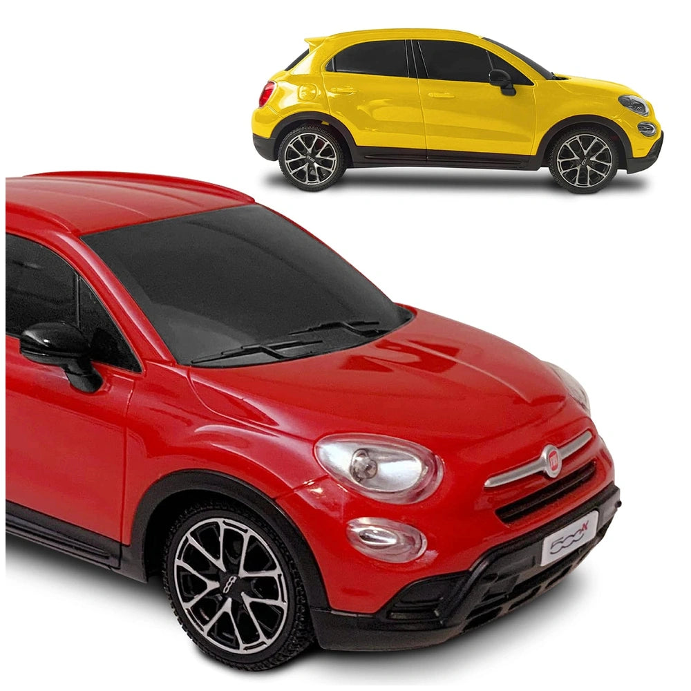 Mondo Fiat 500 X radio-controlled car in red with black roof, glossy finish, clear headlights, and silver grille.