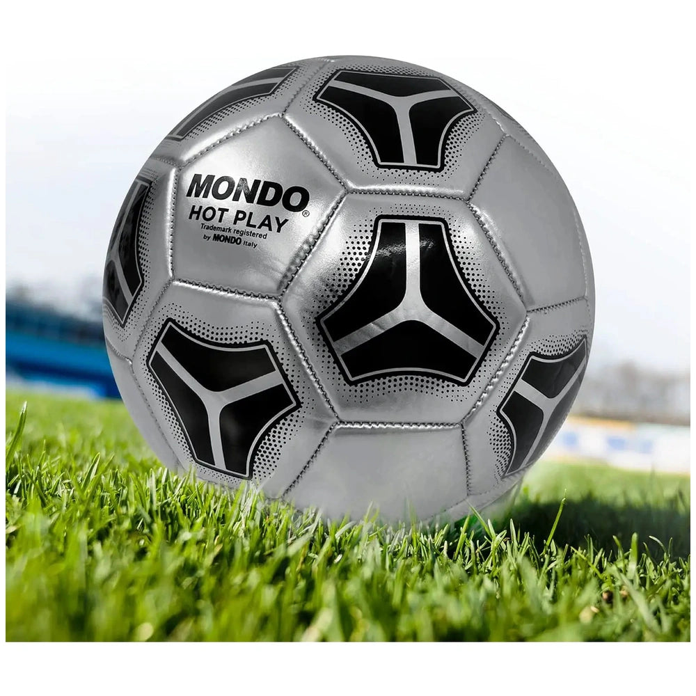 Mondo Football Hot Play features a silver synthetic leather design with a pattern of black pentagons on its surface.