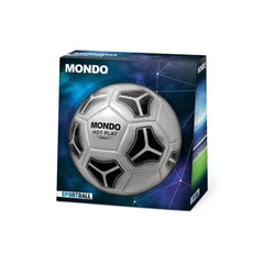 Mondo football in retail packaging with a clear window, featuring a white ball with black pentagons and "HOT PLAY" text.