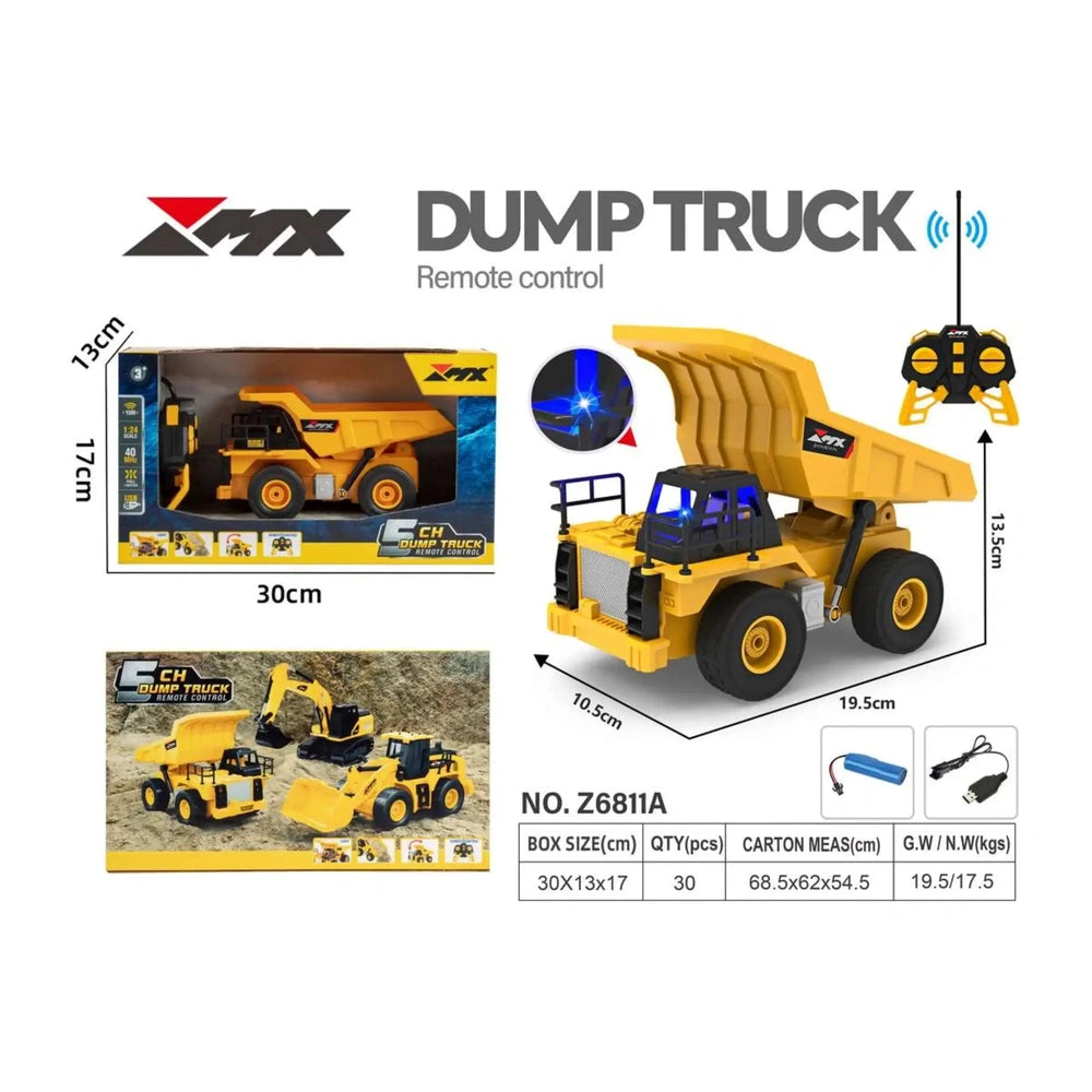Mondo Motors RC MX Constructions dumper packaged in a cardboard box with printed graphics, featuring a yellow truck and remot