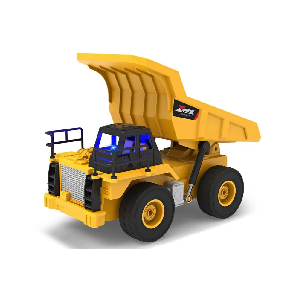 Mondo Motors RC MX Dumper features matte yellow plastic body, black mesh grille, tinted blue windows, and black wheels with y