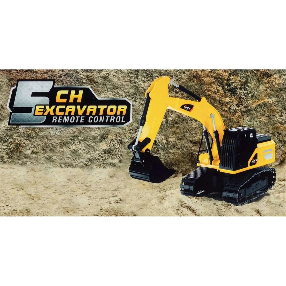 RC MX Constructions Excavator in yellow and black, featuring a backhoe loader with a detailed cab and bucket on a textured ba