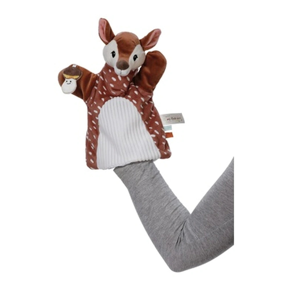 My First NICI Rehkitz 2 in 1 plush toy features a brown and white stuffed animal with a gray sleeve for baby activities.