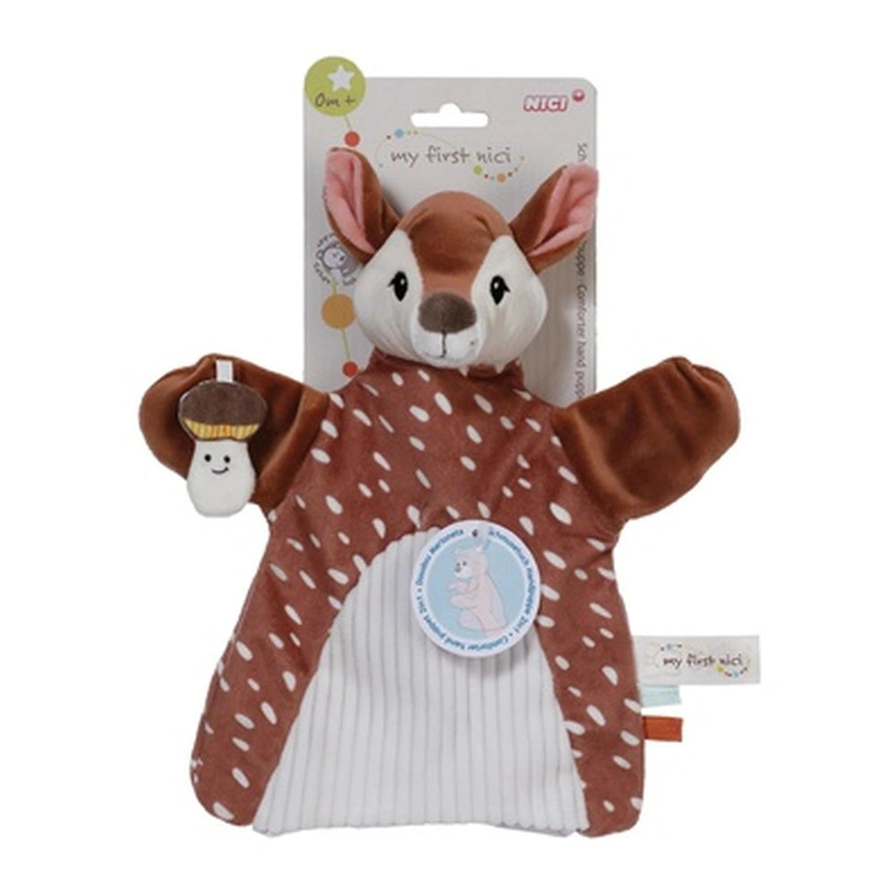 My First NICI Rehkitz 2 in 1 plush toy features a brown and white stuffed animal with a white face and black eyes in a matte 