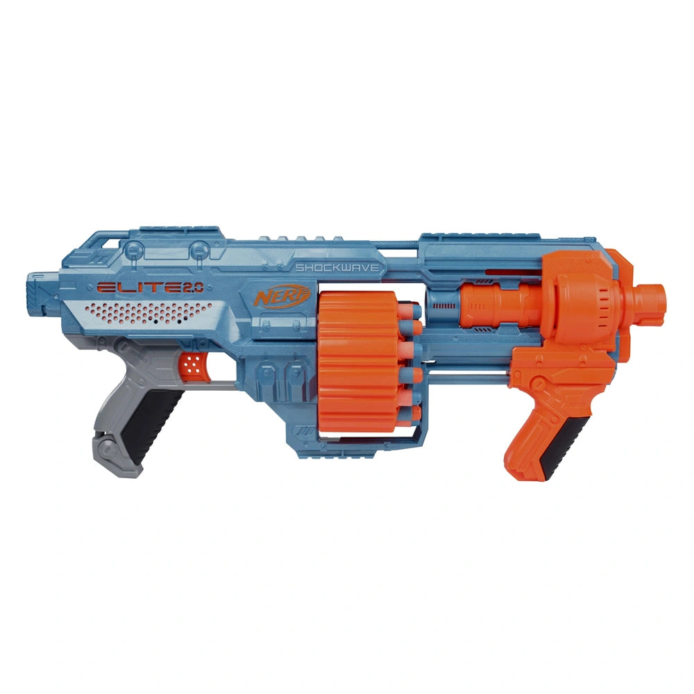 Nerf Elite 2.0 Shockwave RD-15 blaster features a blue body, orange grip, and multiple gray plastic components for toy play.
