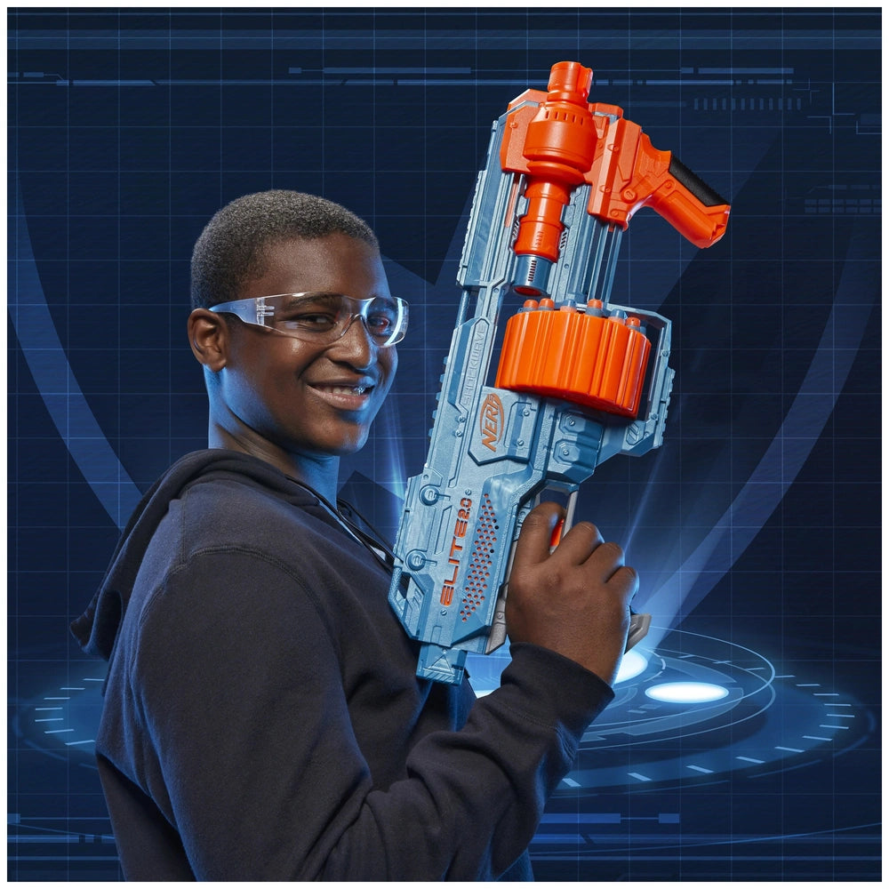 Nerf Elite 2.0 Shockwave RD-15 Blaster in orange, blue, and black held by a person wearing safety goggles.