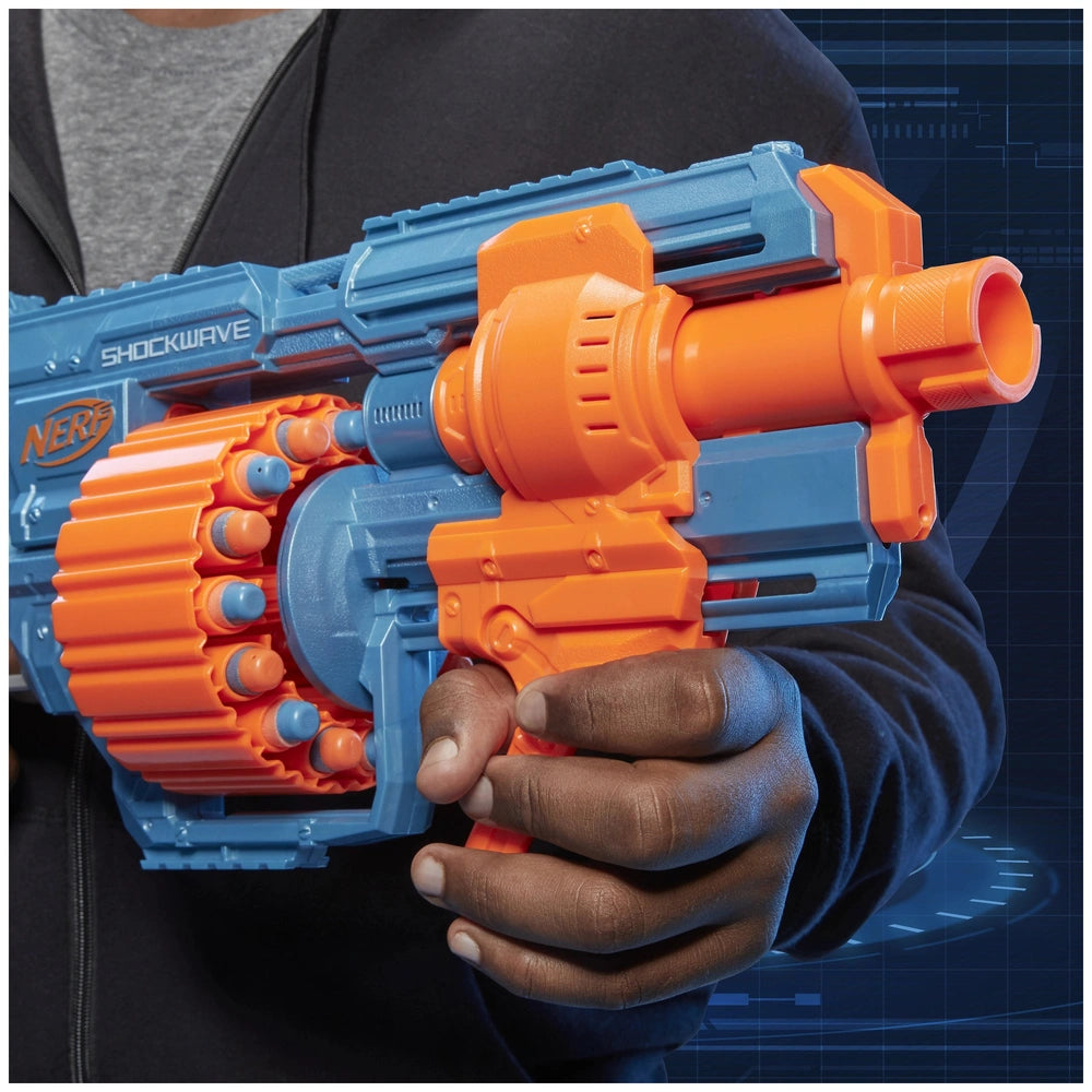 Nerf Elite 2.0 Shockwave RD-15 blaster in blue plastic with orange trigger, featuring barrel, grip, and magazine components.