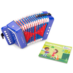 Blue and red accordion with 12 glossy buttons, shiny metallic surface, and bellows mechanism, featuring a strap.