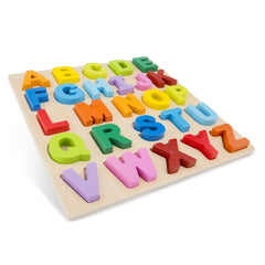 Alphabet puzzle featuring 26 colorful plastic letters on a wooden surface, designed for educational play.
