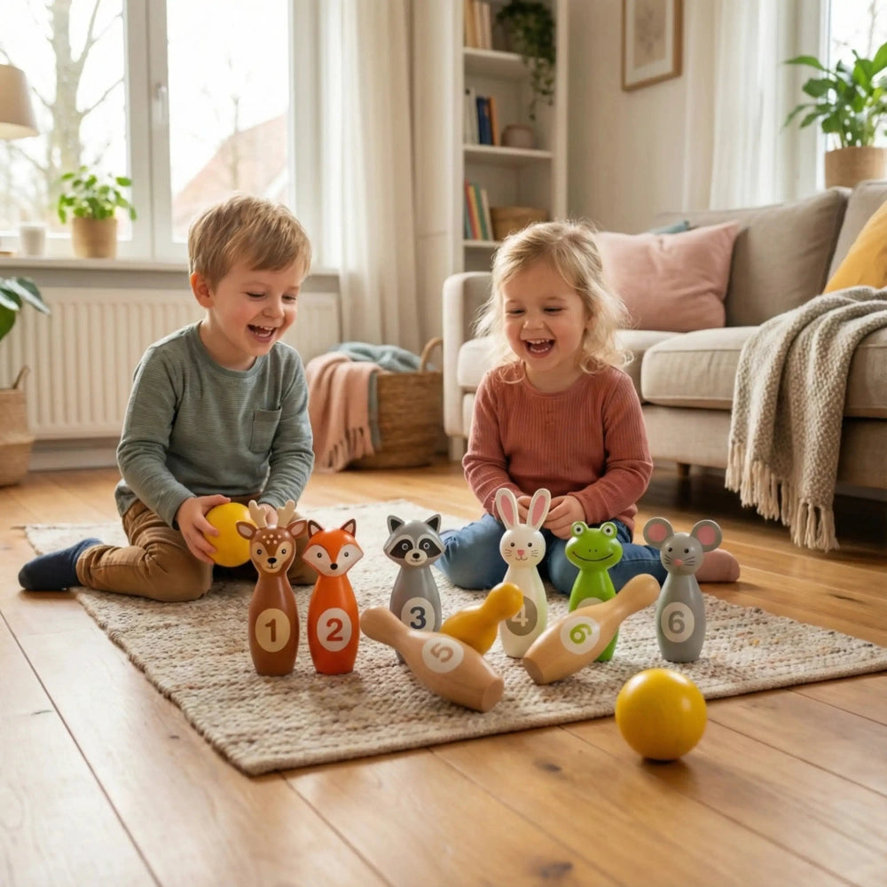 New Classic Toys bowling set with colorful plush animals, two children playing on wooden flooring with a neutral carpet.