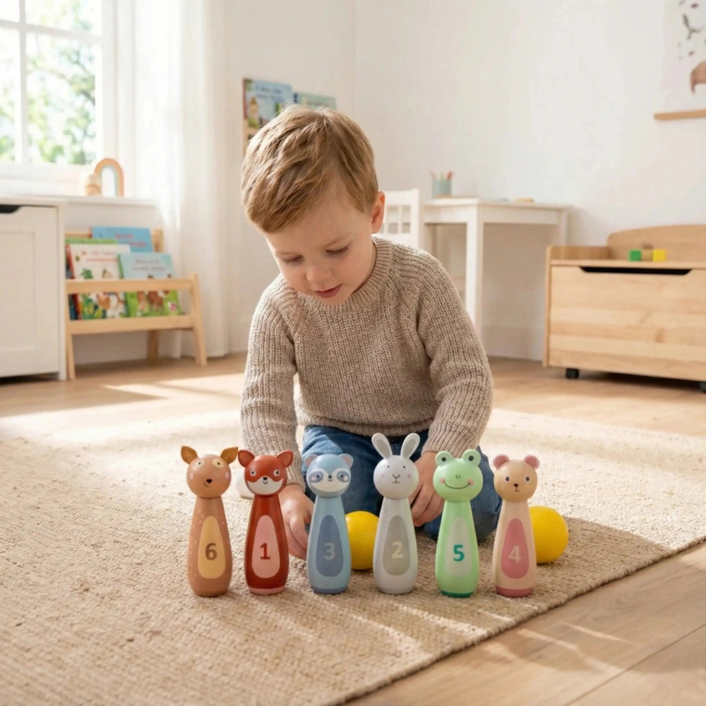 Child playing with a glossy wooden animal bowling set on a light carpet in a bright room with white walls and wooden furnitur
