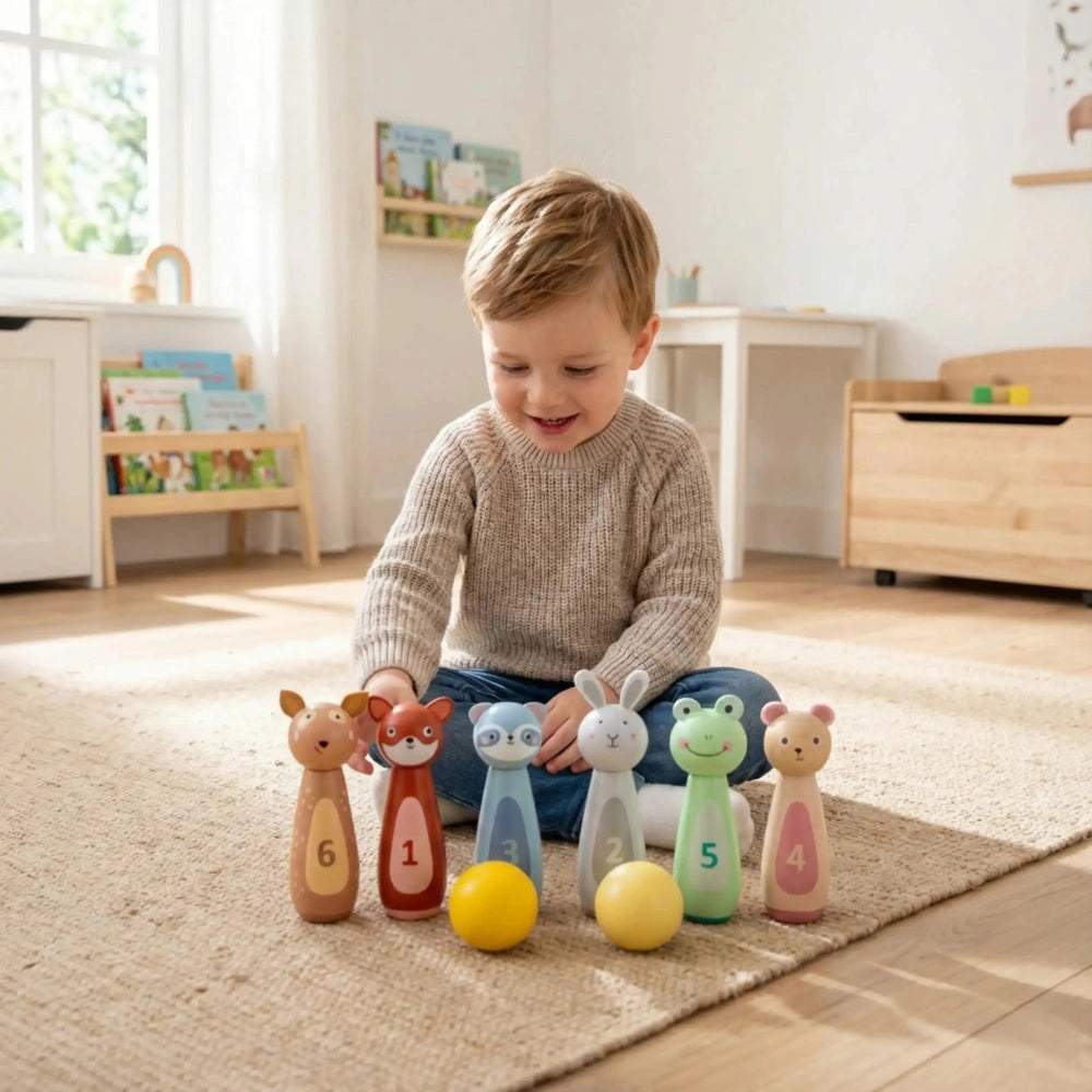 Young child in a knitted sweater playing with colorful animal bowling set on a woven rug and wooden floor.