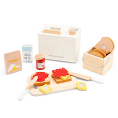 New Classic Toys Bread Making Machine with wooden cutting board, plastic utensils, and colorful containers for role playing.