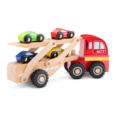 Car transporter toy with wooden platform, featuring green, yellow, red cars, and a red train car labeled "NCT".