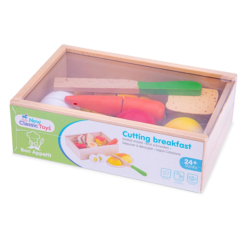 New Classic Toys Cuttingset breakfast box with green plastic lid and colorful food components, BPA free and made in the USA.