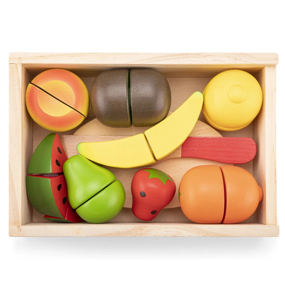 New Classic Toys fruit box with wooden container and plastic fruits including orange, brown slice, banana, grape, and strawbe