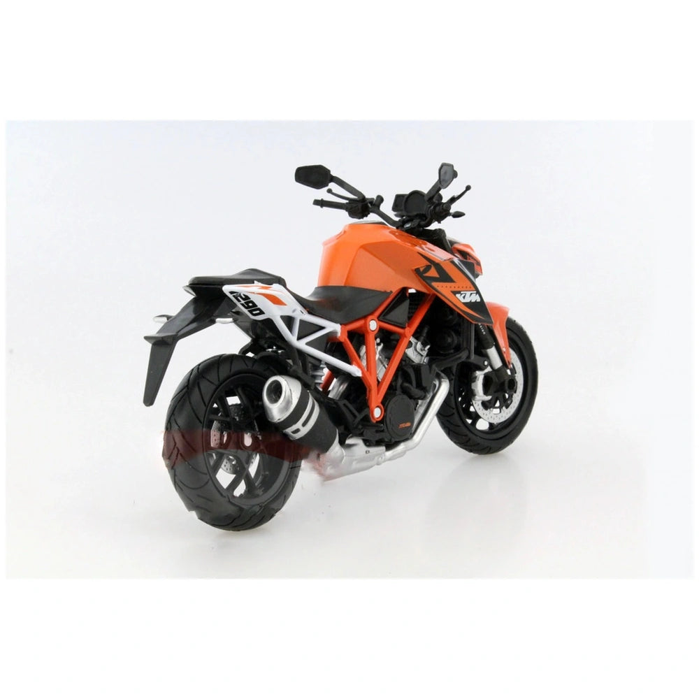 KTM 1290 Superduke R die-cast motorcycle model in orange, black, silver, and white with detailed components and features.