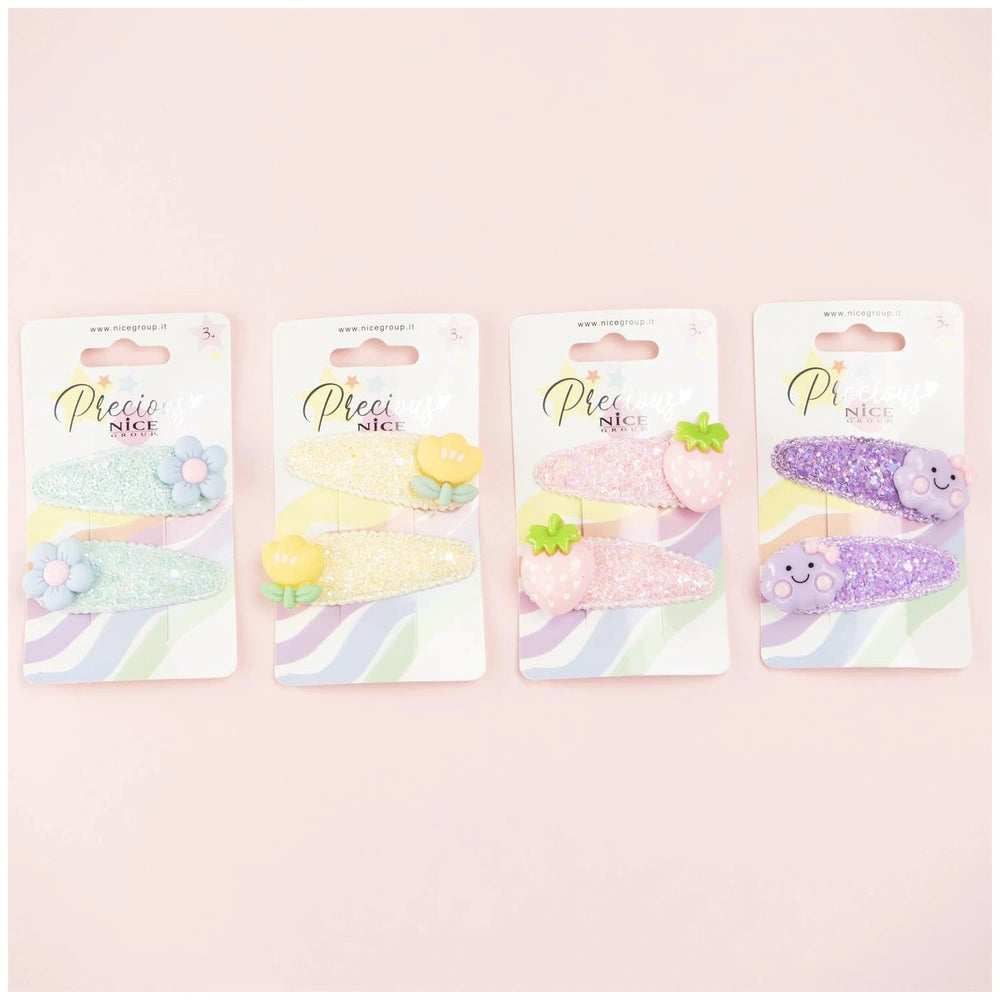 Nice Bubbles 2 Pcs Hair Clip Set in glossy pink packaging with colorful designs and "Precious" text, featuring a glittery hea