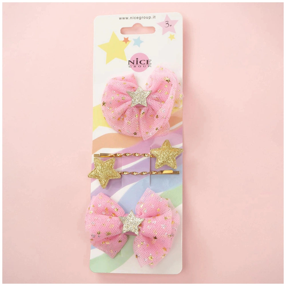 Classy ribbon hair clip set featuring two pink bows with gold stars on a matte cardboard packaging with a clear plastic windo