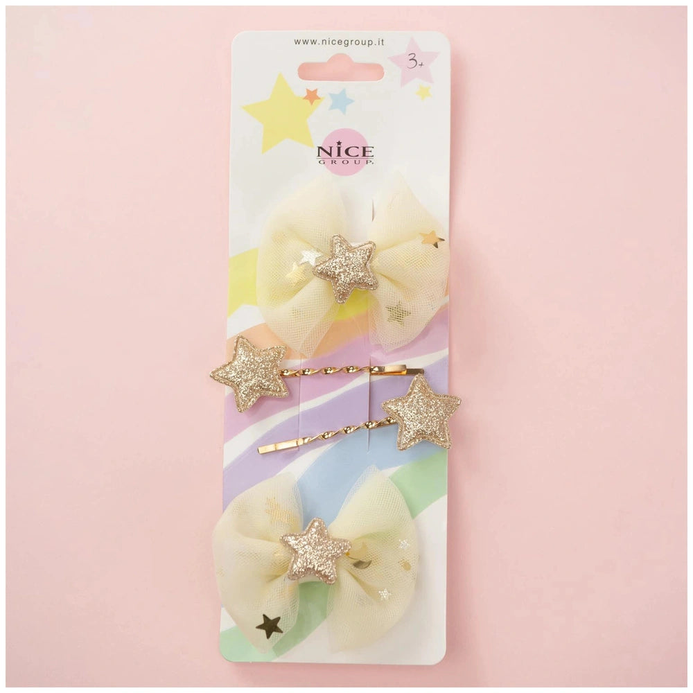Classy ribbon hair clip set in white with gold accents, featuring three star-designed clips in pink matte cardboard packaging