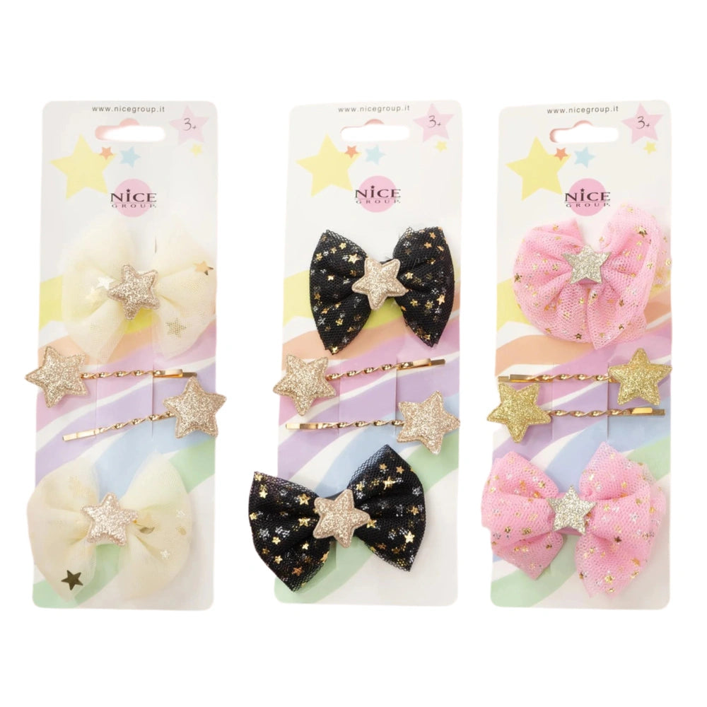 Classy ribbon hair clip set featuring three bows in black and pink with glittery stars, presented in a white packaging.