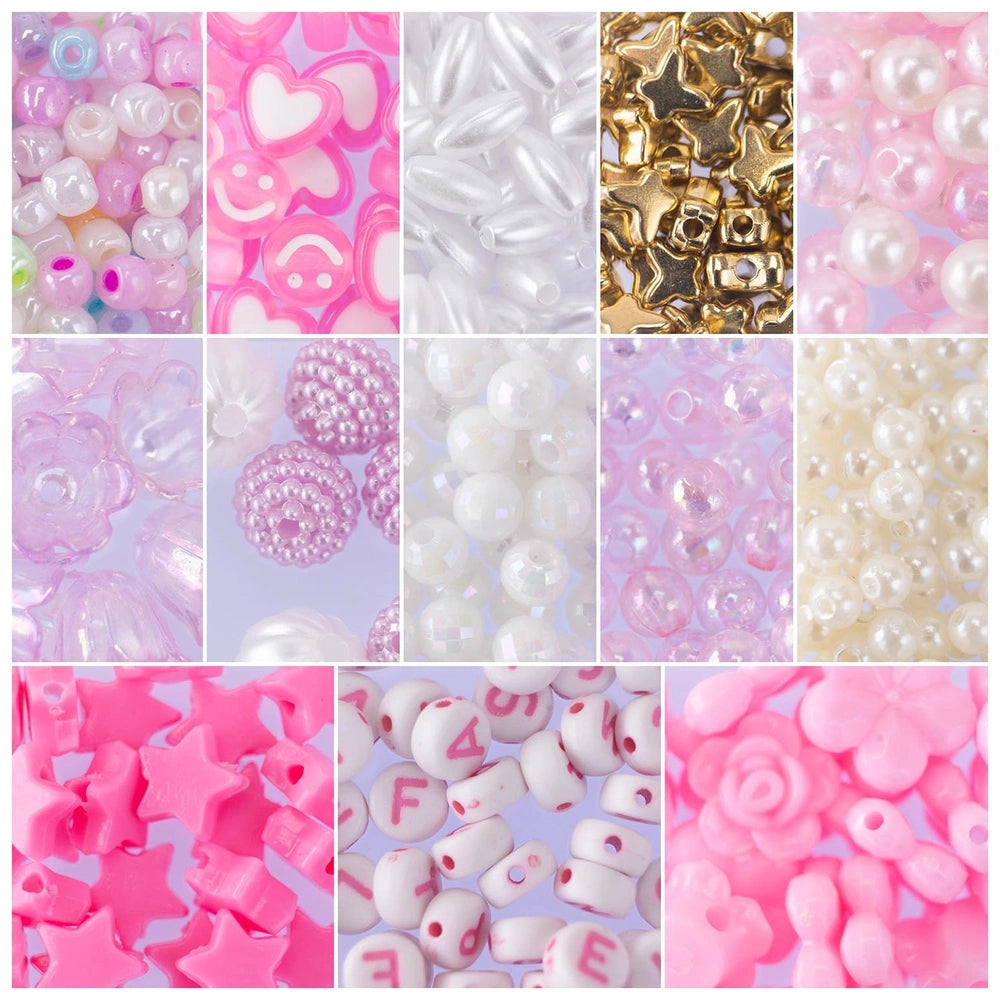 Crea-ABC-Beads Flower Bouquet kit featuring pink, white, and gold star and heart-shaped beads alongside glossy round pearls.
