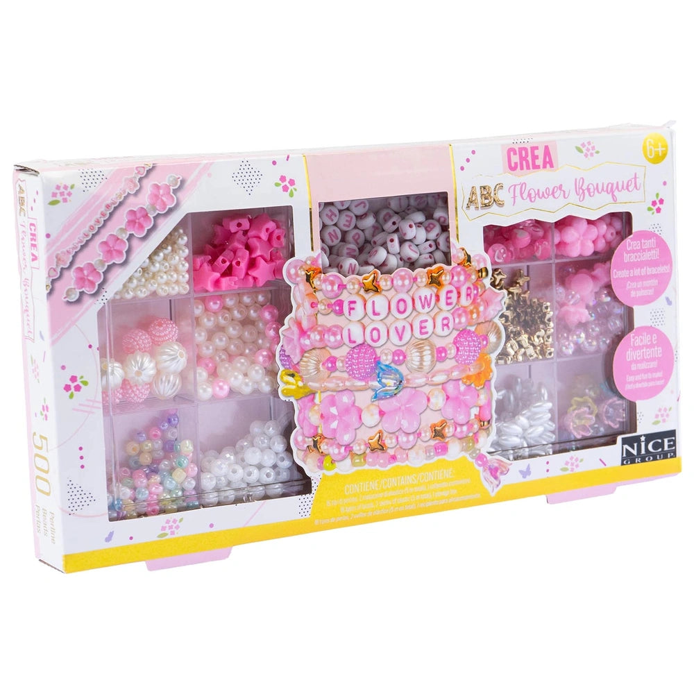 Crea ABC Flower Bouquet 500 arts and crafts kit in pink and white packaging with clear plastic window showcasing beads.