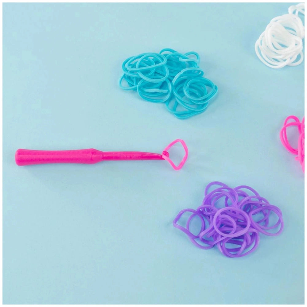 Elasticolor Pro Refill Mini Set featuring blue, pink, and white rubber bands in a central holder for arts and crafts.