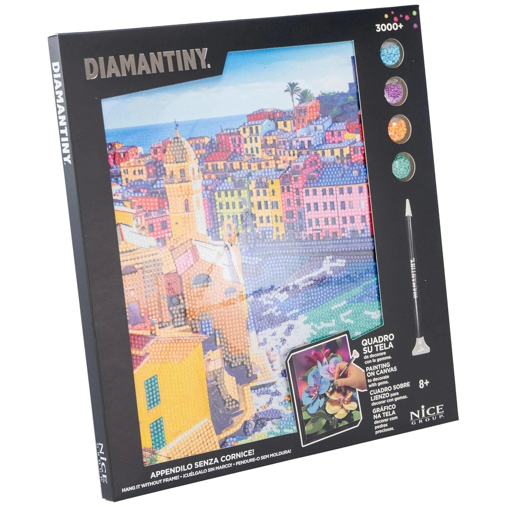 Nice - Diamantiny Artist Level Up Painting on Canvas packaging features a glossy black background with a colorful cityscape a