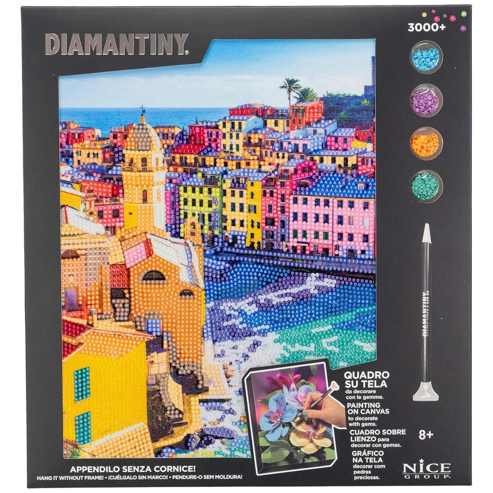 Nice - Diamantiny Artist Level Up Painting on Canvas packaging features a colorful cityscape, glossy black cardboard, and tra