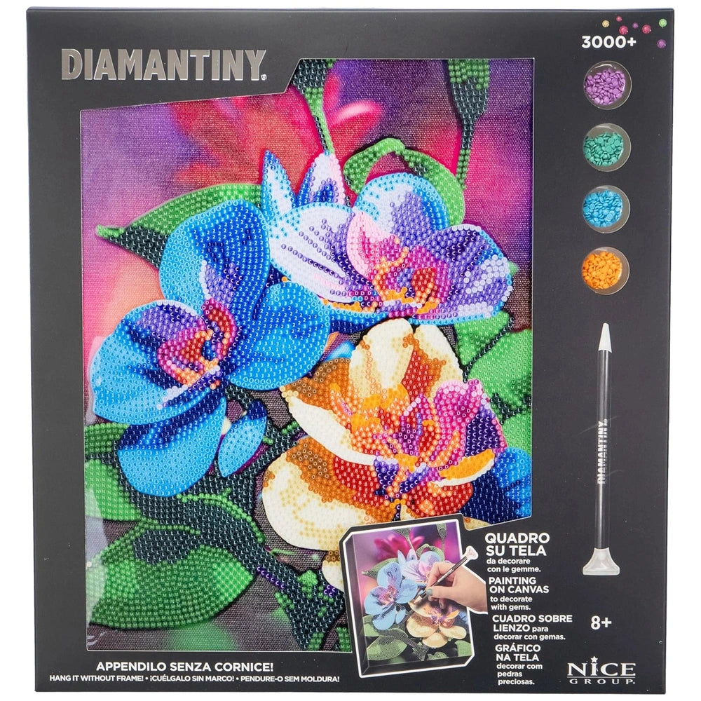 Diamantiny Artist Level Up Painting on Canvas packaging features a vibrant flower arrangement with a glossy finish and clear 