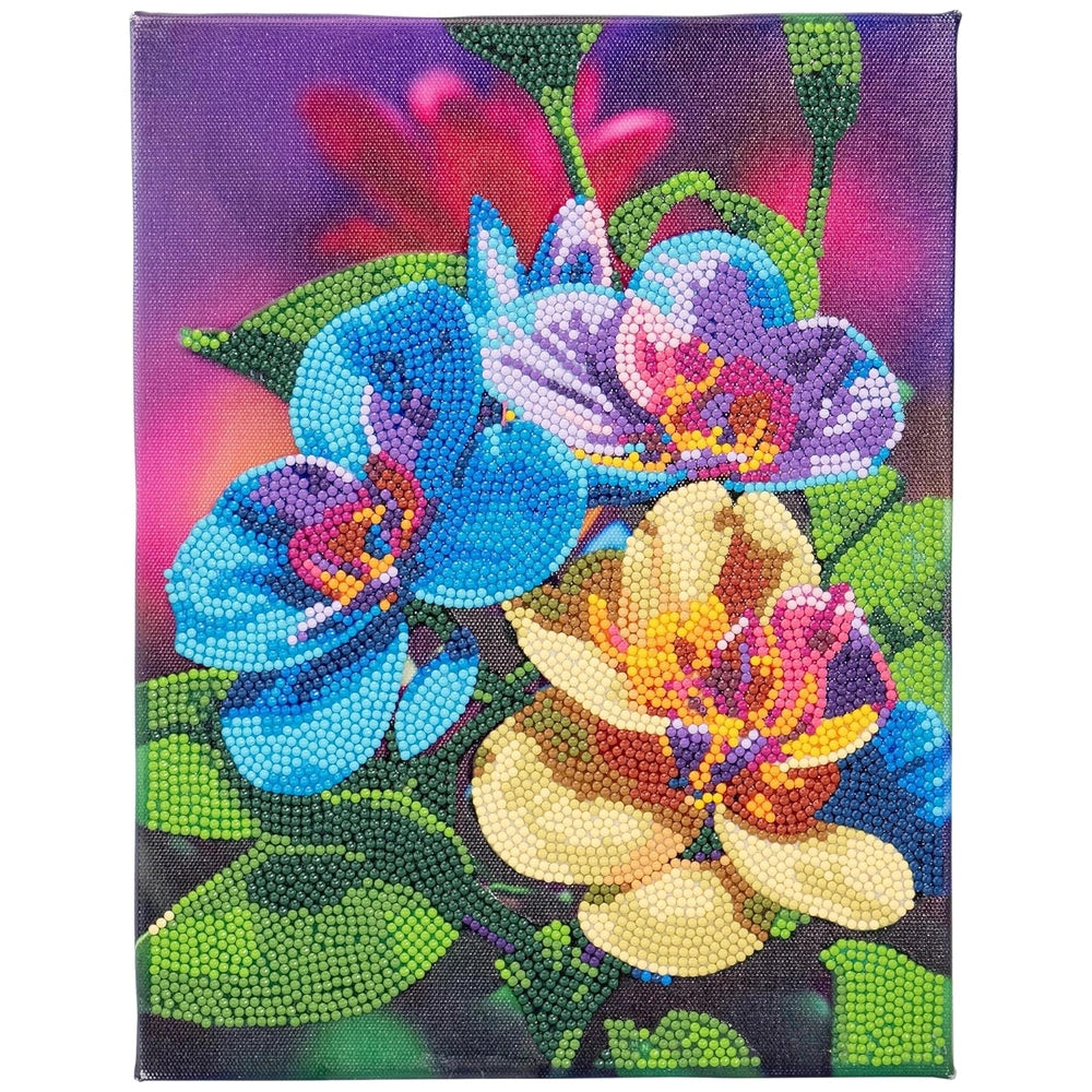 Diamantiny Artist Level Up painting on textured fabric with a vibrant floral design in blue, purple, green, yellow, and orang