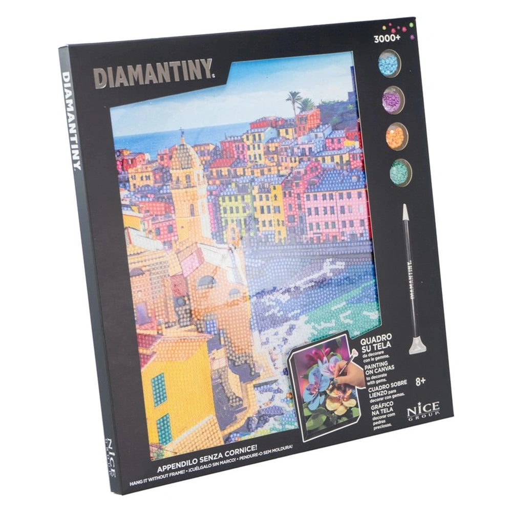 Diamantiny Level Up painting kit on black cardboard packaging featuring a colorful cityscape and clear plastic window.
