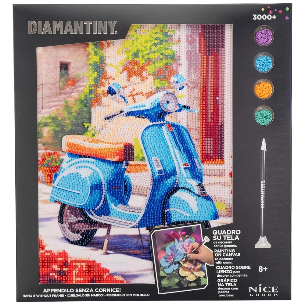 Diamantiny painting kit featuring a colorful scooter, house, and flowers on retail packaging with printed text in multiple la