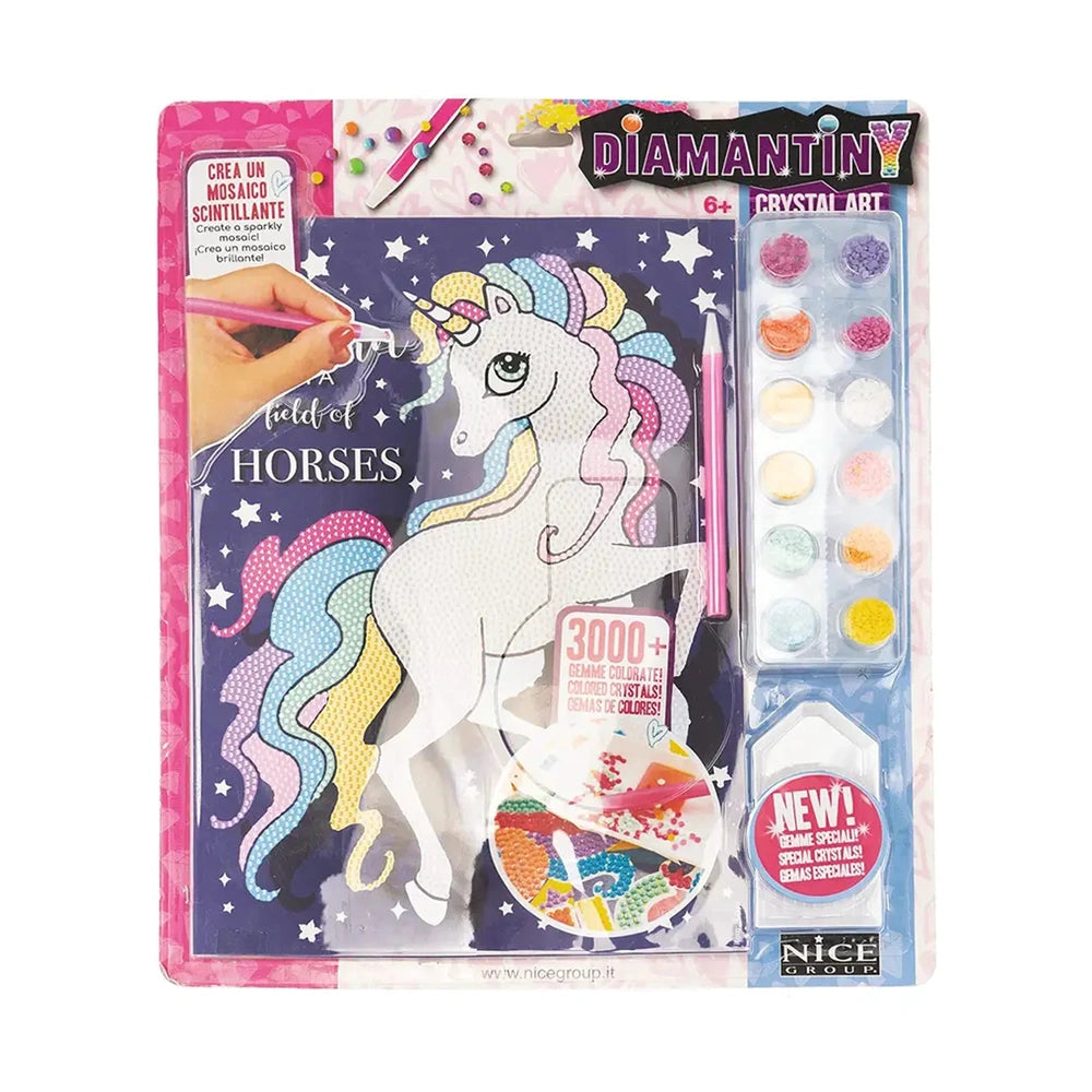 Diamantiny Crystal Art Design Set in glossy pink packaging featuring a starry sky, includes unicorn figure, scissors, and gli