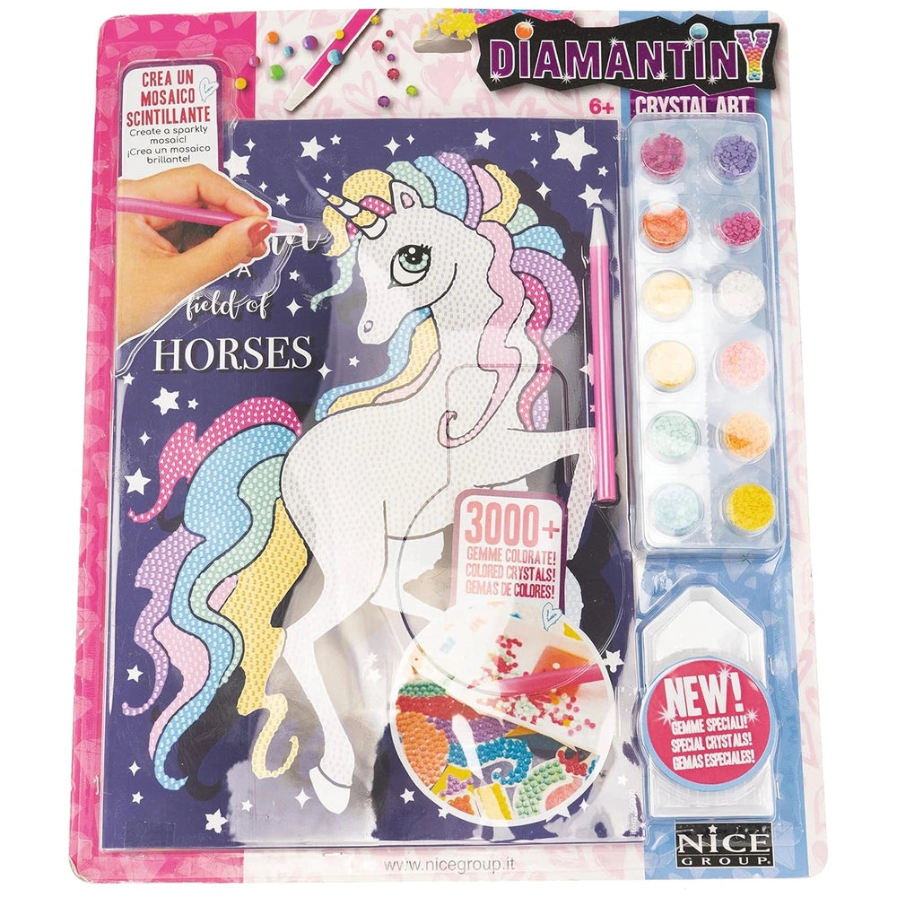 Nice Diamantiny Crystal Art Design Set featuring a unicorn theme, crystals, and instructions in colorful retail packaging.