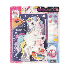 Diamantiny Crystal Art Design Set in glossy pink packaging featuring a starry sky, includes unicorn figure, scissors, and gli