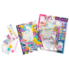 Diamantiny Crystal Art Design Set featuring a unicorn design, colorful kit contents, and glossy pink and white packaging.