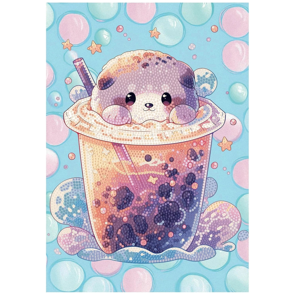 NICE Diamantiny Level Up Coloring features a brown speckled cup with a creature holding a spoon, set against a blue, pink, an