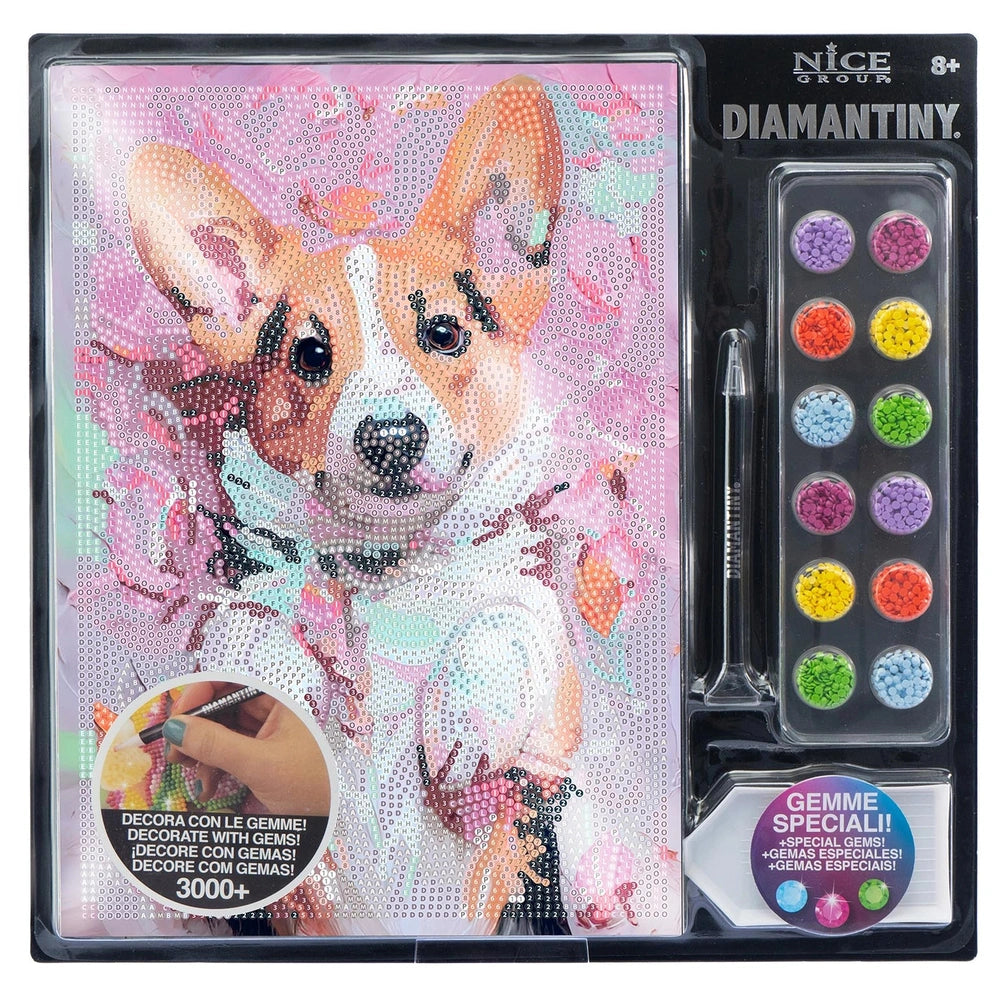 NICE Diamantiny Pets Coloring Arts Crafts kit featuring a dog figure, gemstones, and decorative pen in vibrant pink packaging