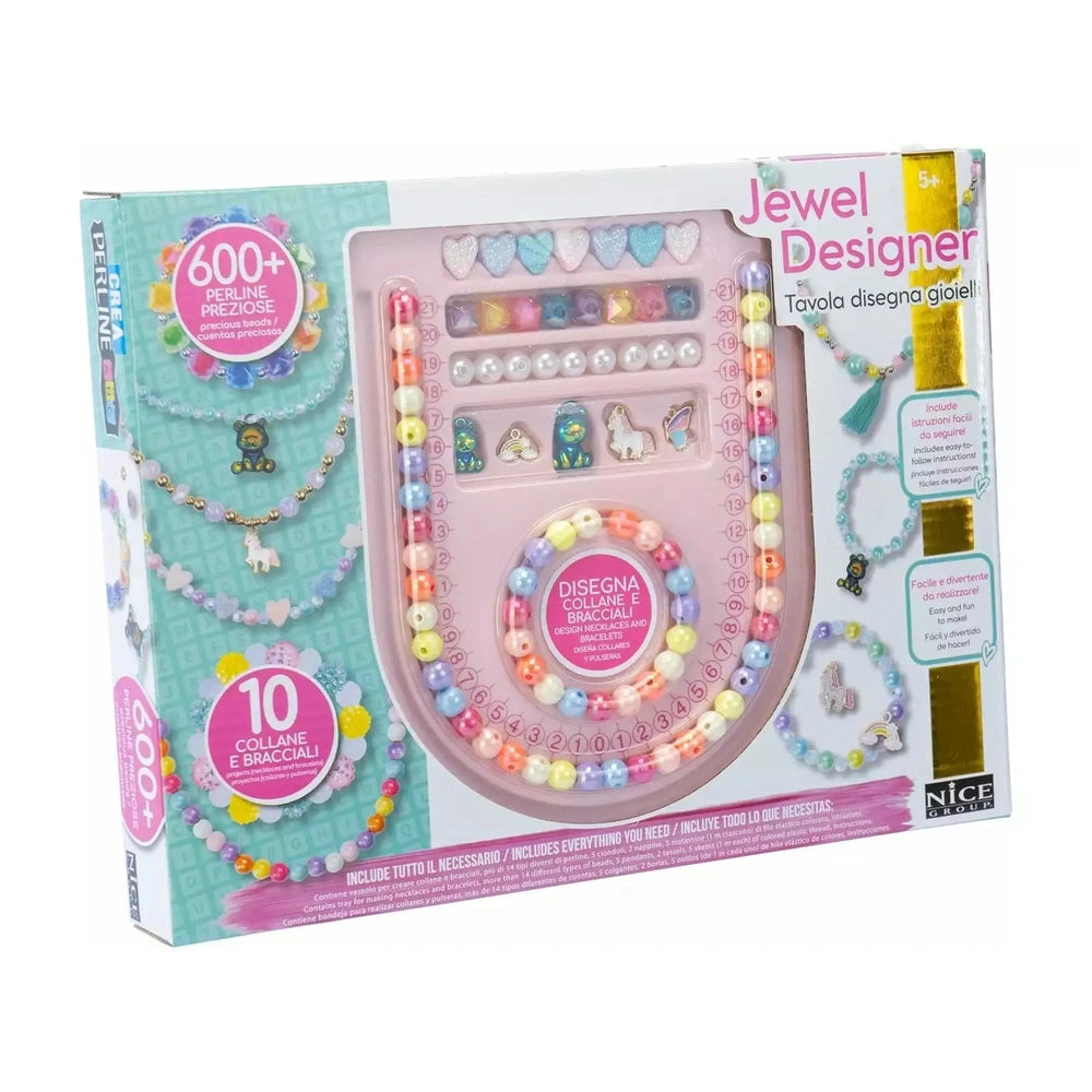 Jewel Design 600 Precious Beads arts and crafts kit in pink packaging featuring various white and pink accessories.