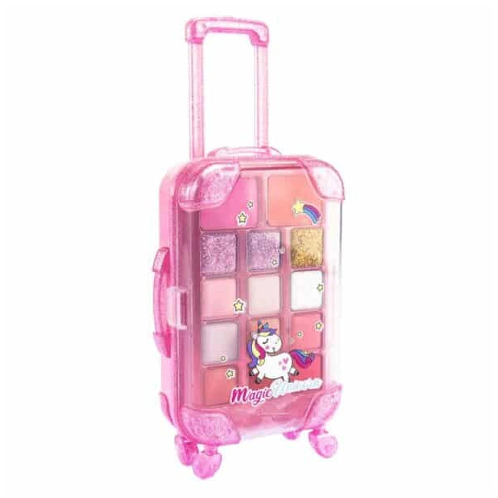 Magic Unicorn Trolley Makeup Set in pink with shiny plastic, clear window, handle, and wheels for easy transport.