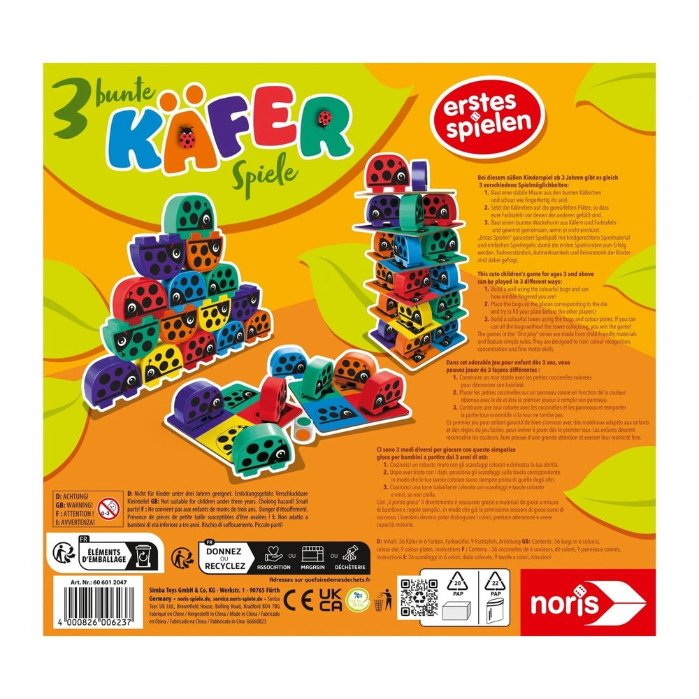 Noris 3 Colorful Bug Games packaging featuring vibrant cartoon ladybugs and game components, designed for children aged 3 and