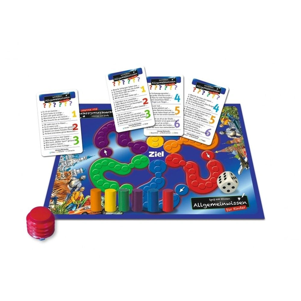 Noris Allgemein-Wissen board game displayed on a table, featuring a colorful quiz board and question cards for German players