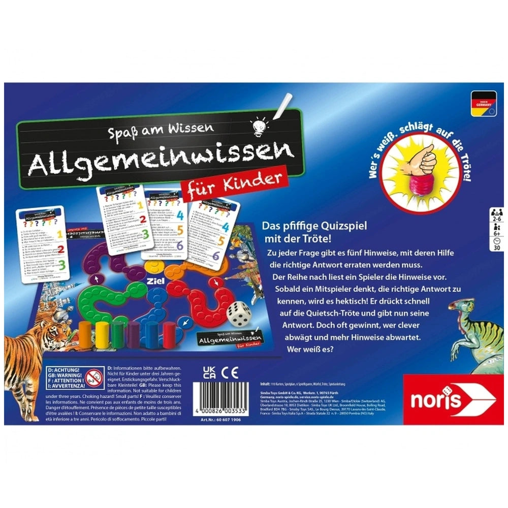 Noris Allgemein-Wissen board game packaging features bright colors, a trivia theme, and age suitability for children 3+.