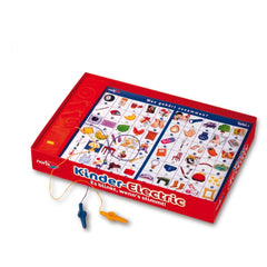 Noris Kinder-Electric educational toy set showcasing circuit components like motors, bulbs, and batteries in a vibrant red bo