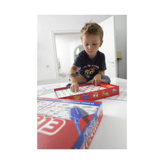 Noris childrens electric board game set with a young child engaged on the floor, surrounded by colorful game pieces and a bri