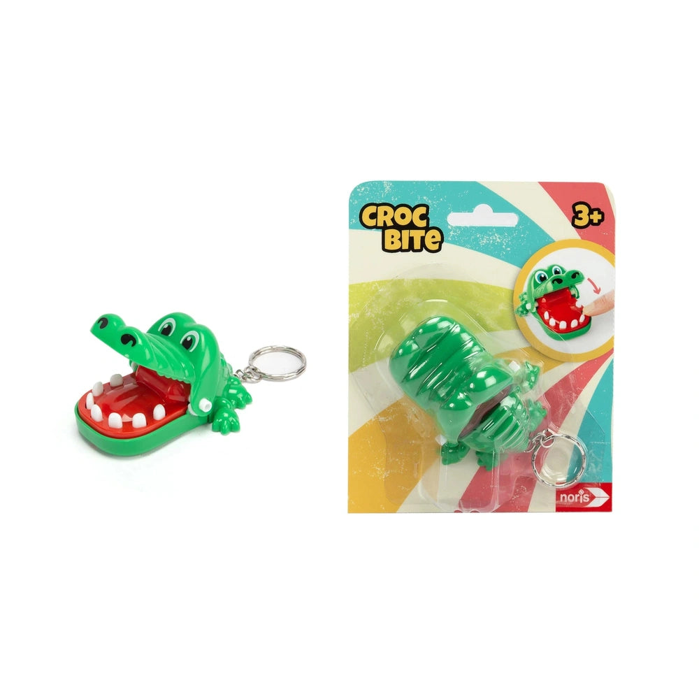 Noris Mini Crocodile Game features a keychain alligator and a larger interactive toy with colorful packaging.