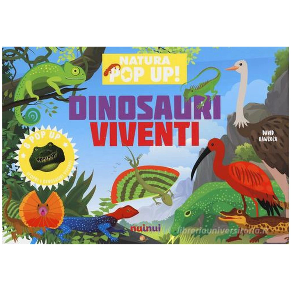 NuiNui Natura Pop Up Dinosauri Viventi book packaging features colorful dinosaur illustrations on a blue glossy background.