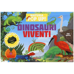 NuiNui Natura Pop Up Dinosauri Viventi book packaging features colorful dinosaur illustrations on a blue glossy background.